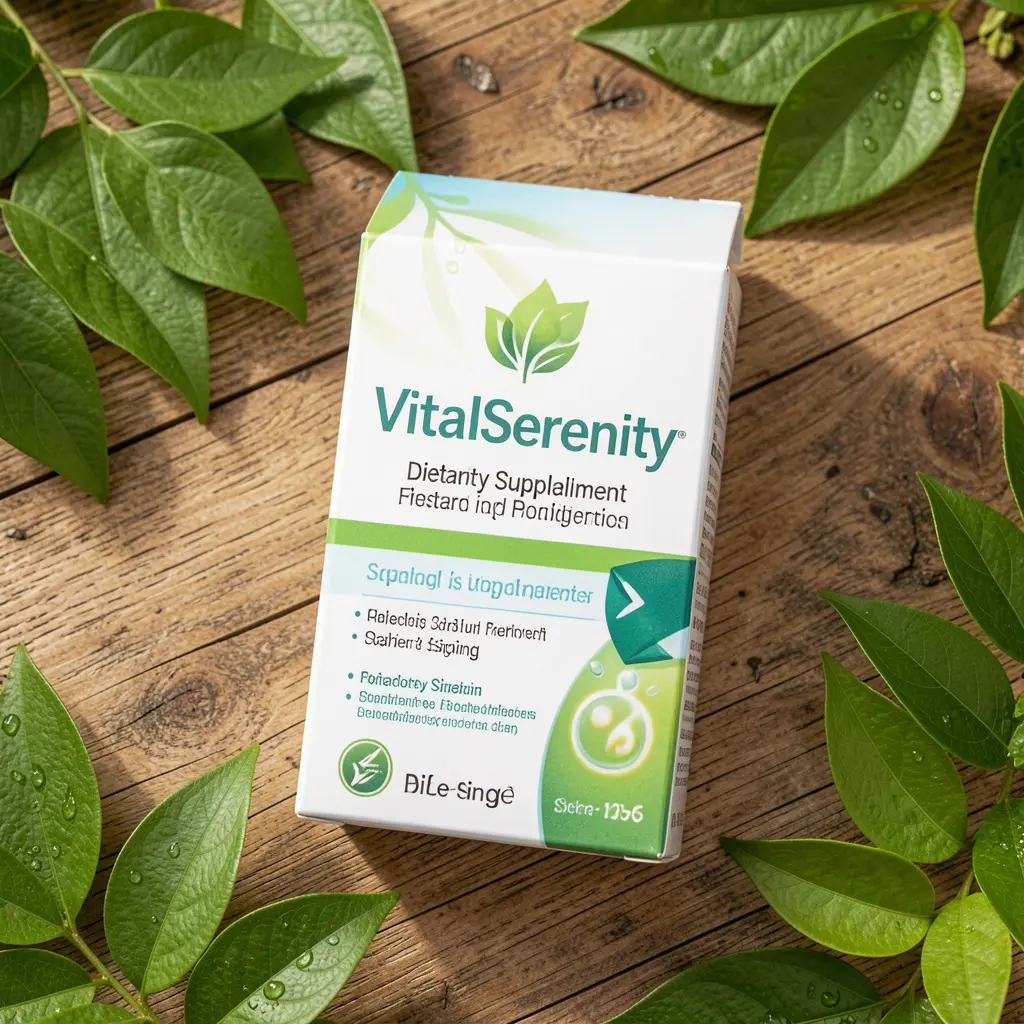 VitalSerenity dietary supplement package displayed on a natural wooden surface with green leaves